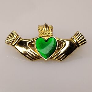 Gold and Green Claddagh Heart Brooch